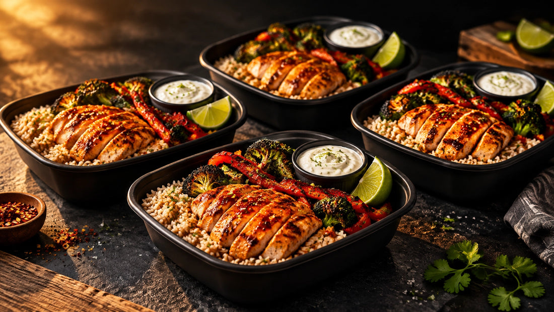 Meal-prep bowls with glazed chicken, brown rice, roasted broccoli, and peppers on a dark slate counter