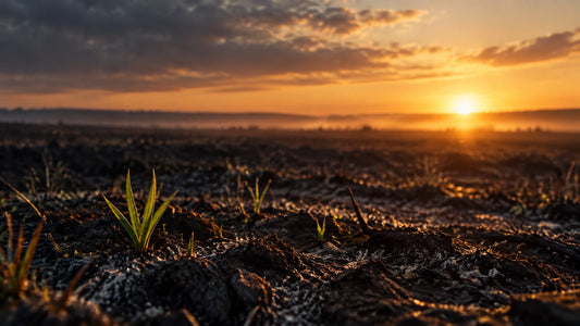Charred earth at sunrise with new growth, an editorial image for Allen Cooper’s founder’s journal