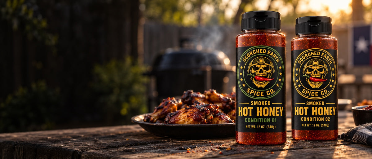 Scorched Earth Smoked Hot Honey Condition 1 and Condition 2 bottles beside barbecue at sunset