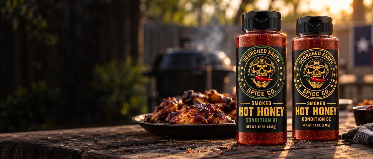 Scorched Earth smoked hot honey bottle photographed at a barbecue at sunset