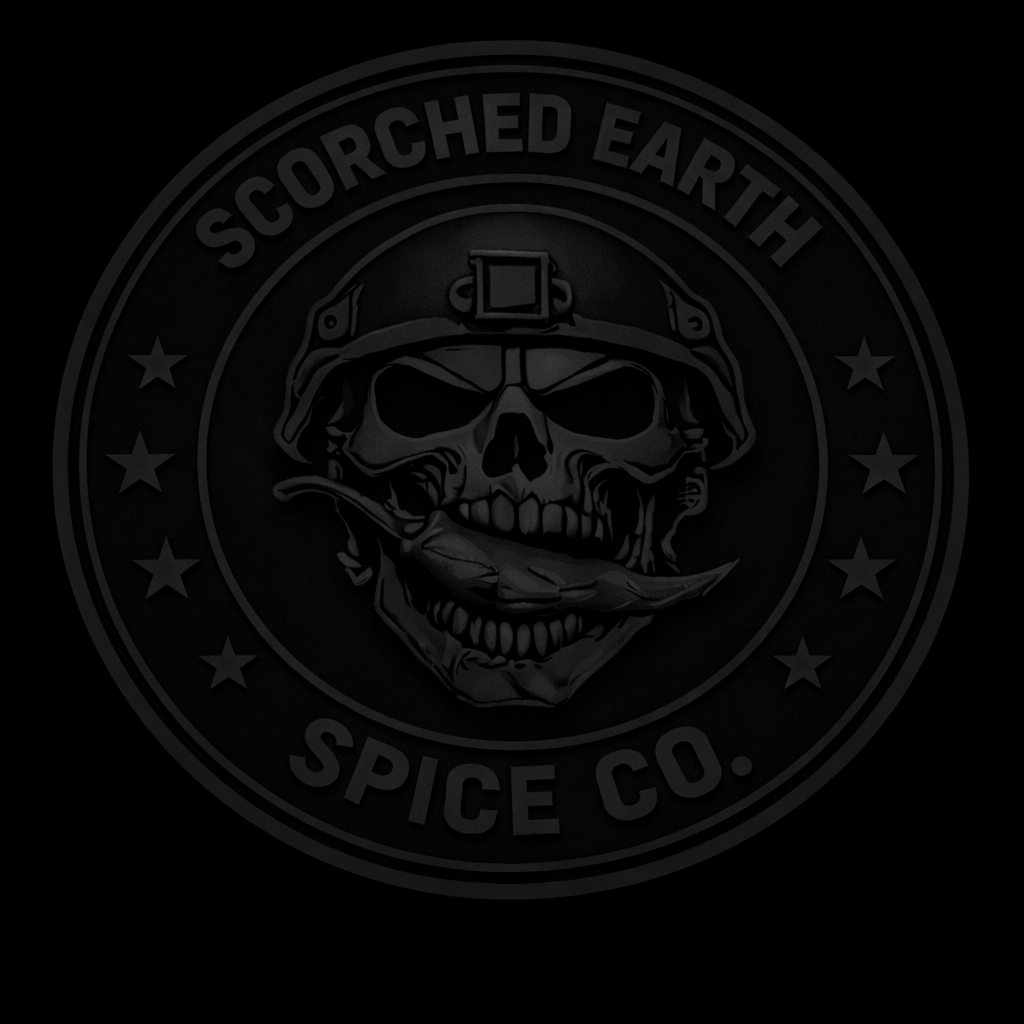 Black-on-black Scorched Earth Spice Co. skull seal