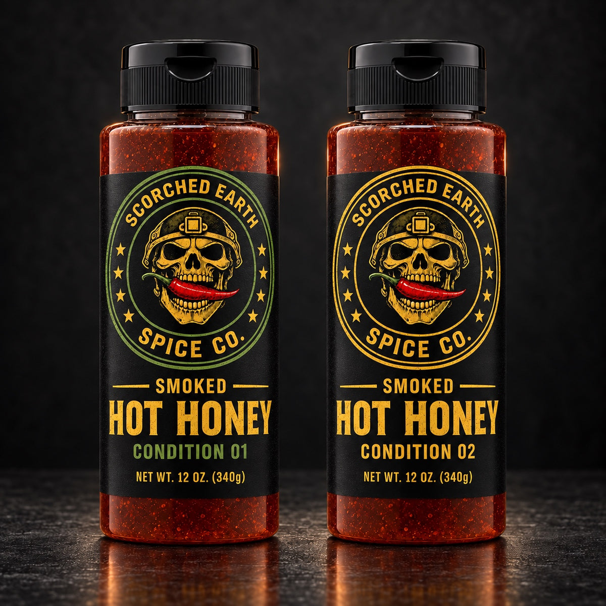 Scorched Earth Smoked Hot Honey Condition 1 and Condition 2 bottles