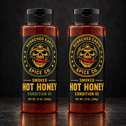 Scorched Earth Smoked Hot Honey Condition 1 and Condition 2 bottles
